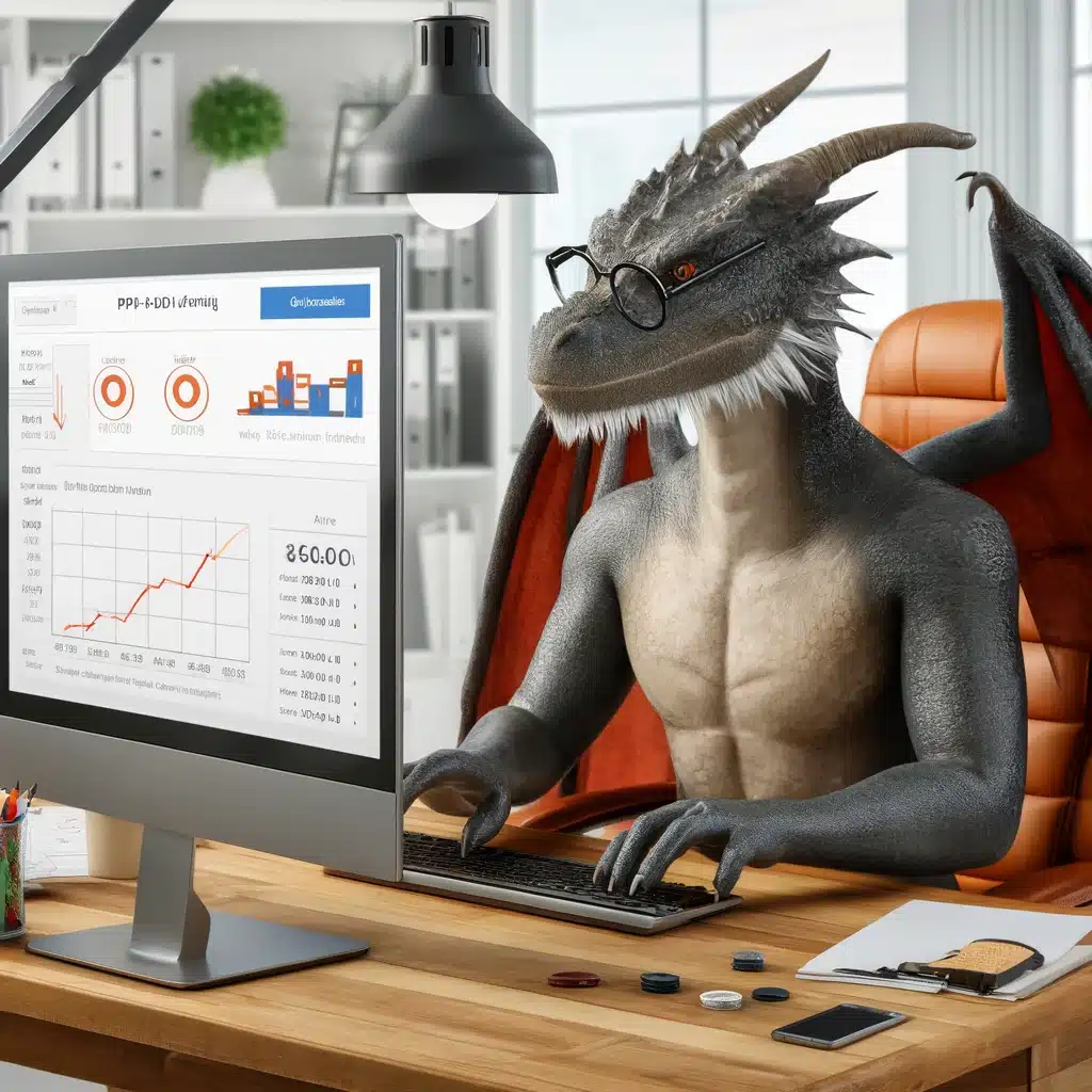 a dragon working on a computer with a focus on pay-per-click ppc advertising